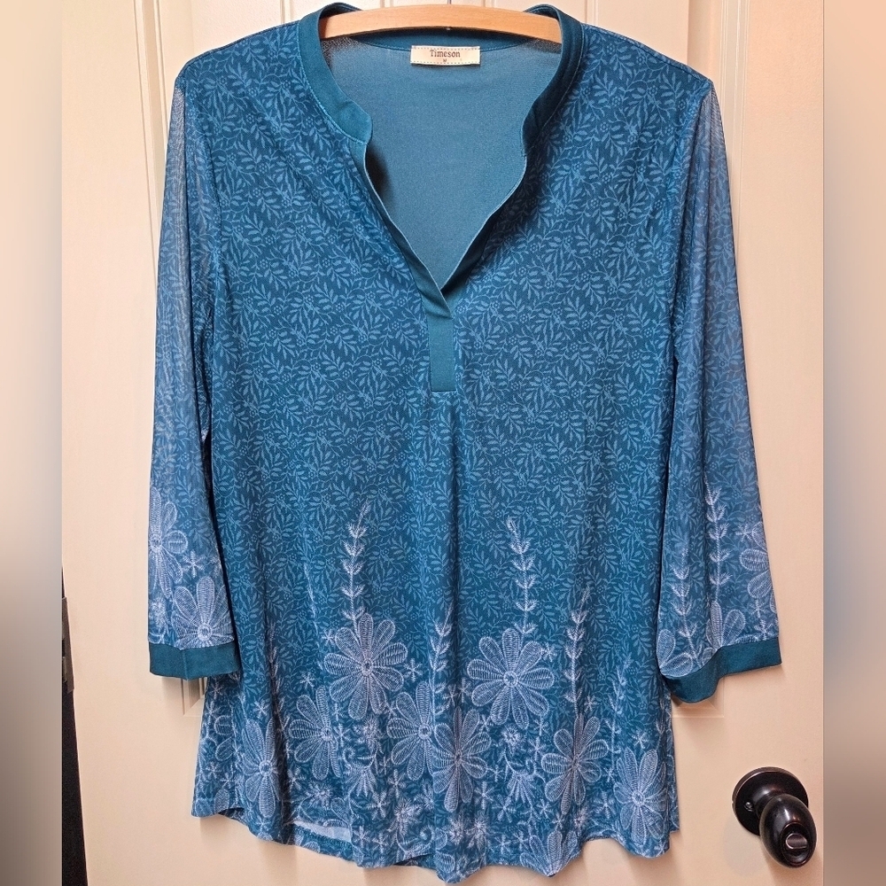 Timeson Ladies Flowered Long Sleeve Top Medium greenish/teal
